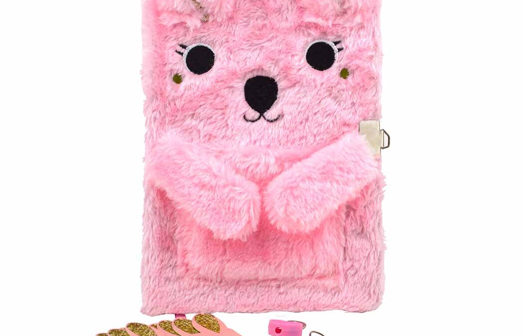 Kid Diary Notebook  Glitter Fluffy Plush Pink Koala Design